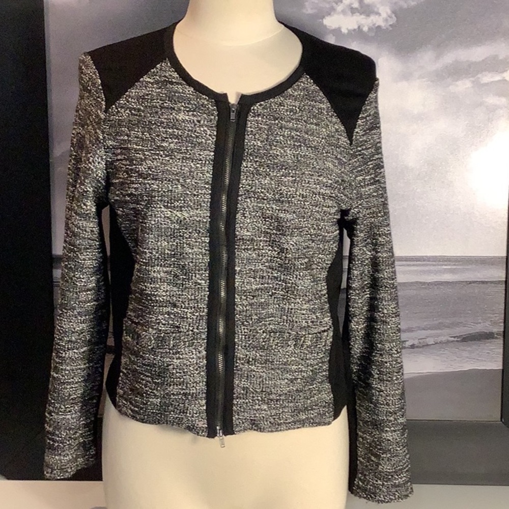 Eileen Fisher Black White Tweed Boucle’ Stretch Zip Front Sweater Jacket Sz M